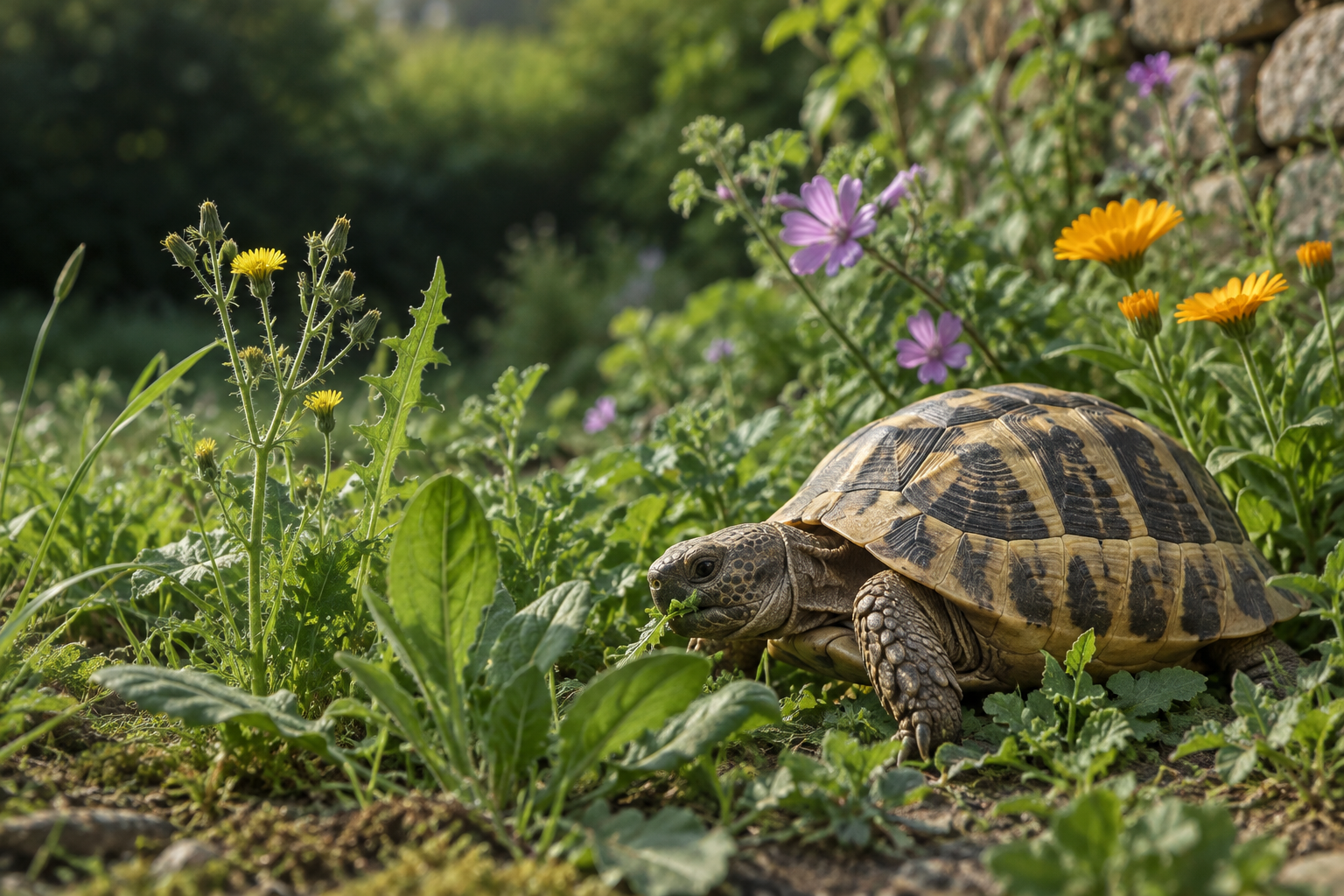 Tortoise among dandelions and garden forage